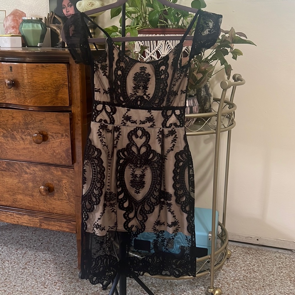 Black lace dress. Nude underdress attached.